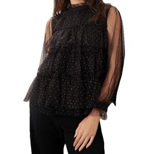 Adam Lippes Sheer Ruffle Top Black Gold Tiered Ruffle Blouse Womens Size 8